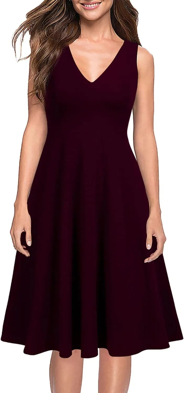 WOOSEA Women's Sleeveless V Neck Vintage Pockets Swing Business Church Dress