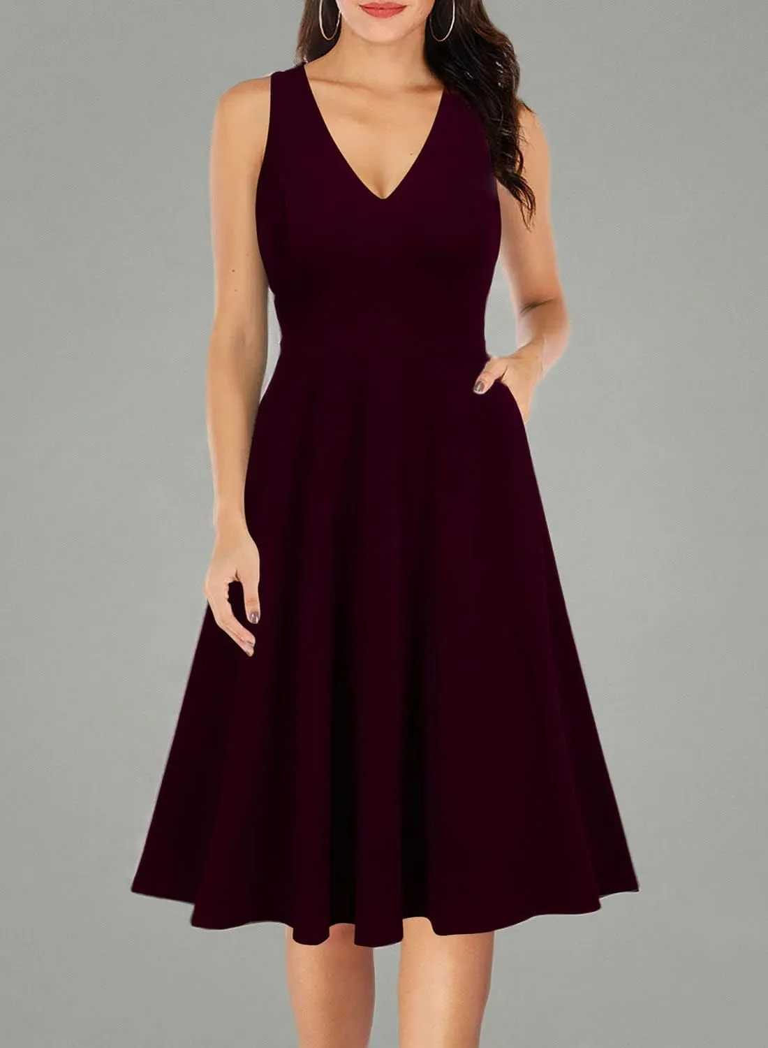 WOOSEA Women's Sleeveless V Neck Vintage Pockets Swing Business Church Dress